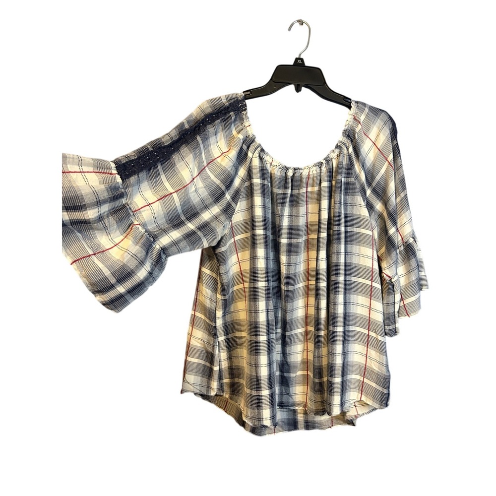 Westport Peasant Top Boho Plaid Lace Bell Sleeve Women 3X Blue White